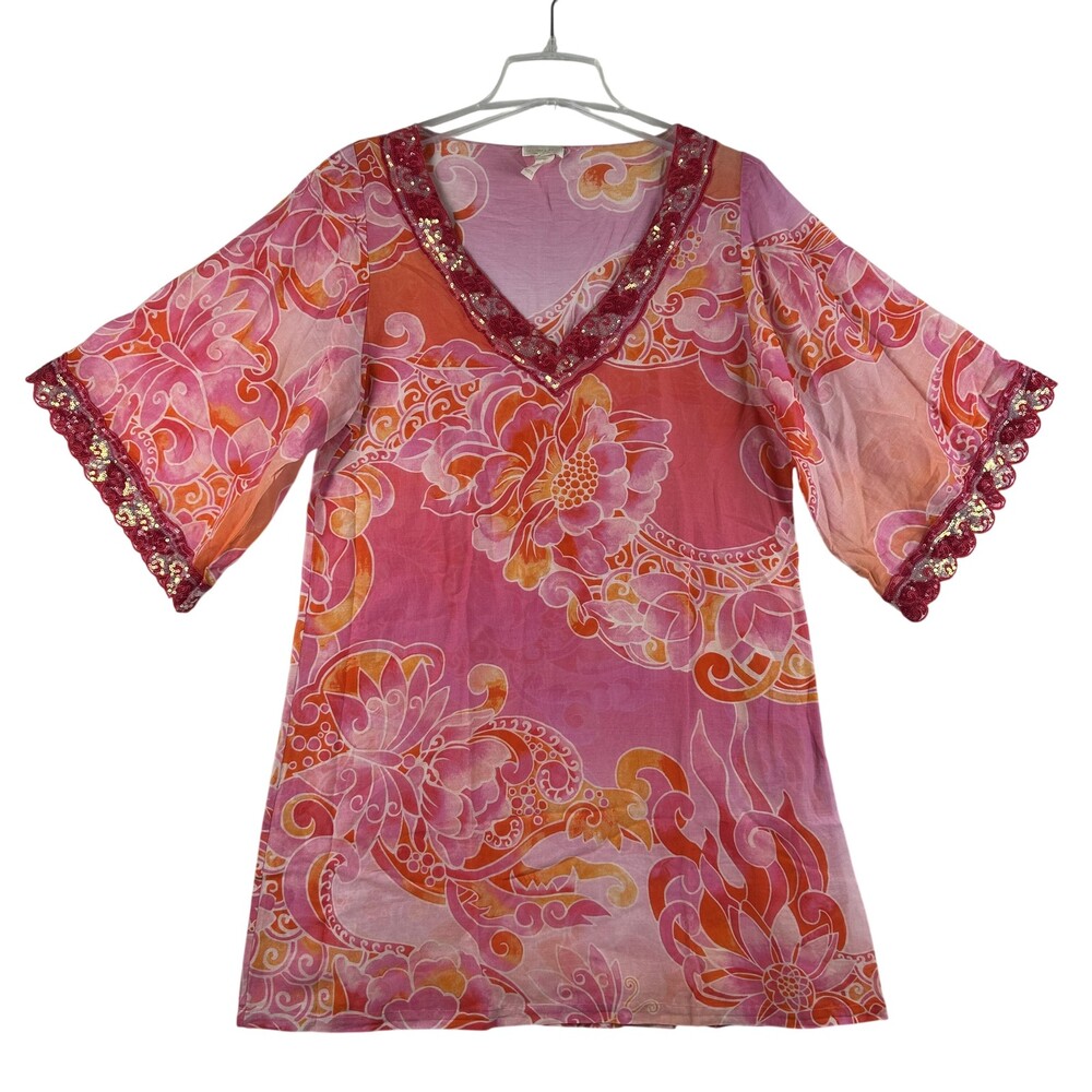 Emamo Top Womens Small Floral Sequin Sheer Tunic Kimono Sleeve Silk Italy